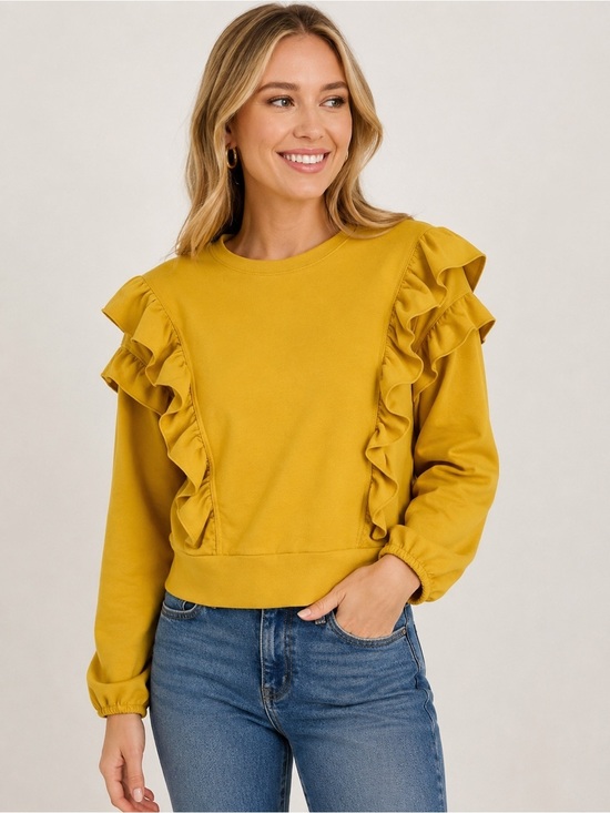 Ann Taylor Tops - Ann Taylor Petite Mustard Ruffle Sweatshirt XSP Yellow Long Sleeve Top